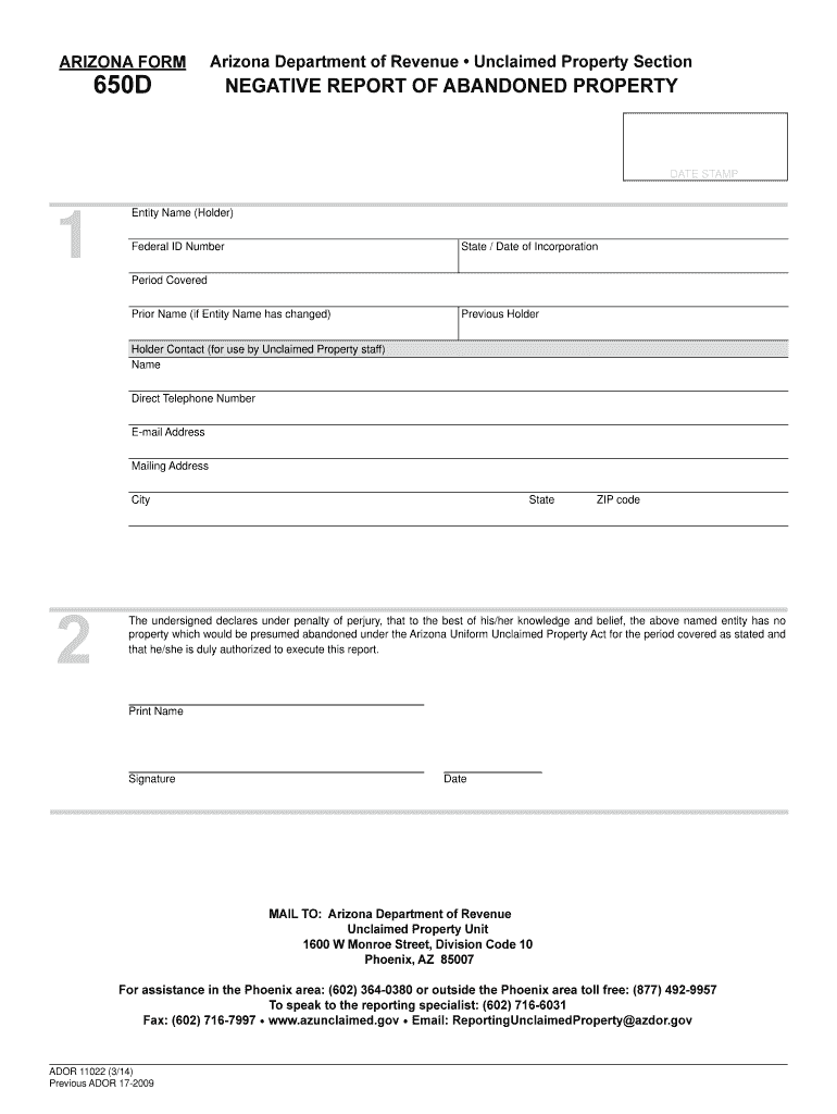  Arizona Form 650d 2014-2024