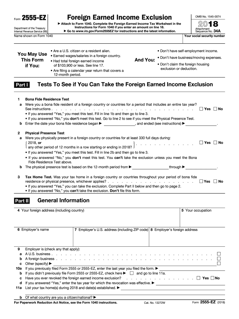  Form 2555 Ez 2018-2024
