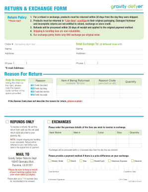 Return &amp;amp; Exchange Form Gravity Defyer