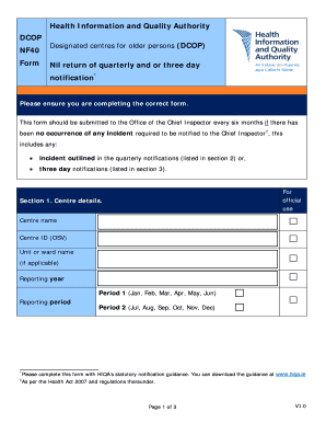 Nil Return of Quarterly and or Three Day Notification DCOP Form HIQA