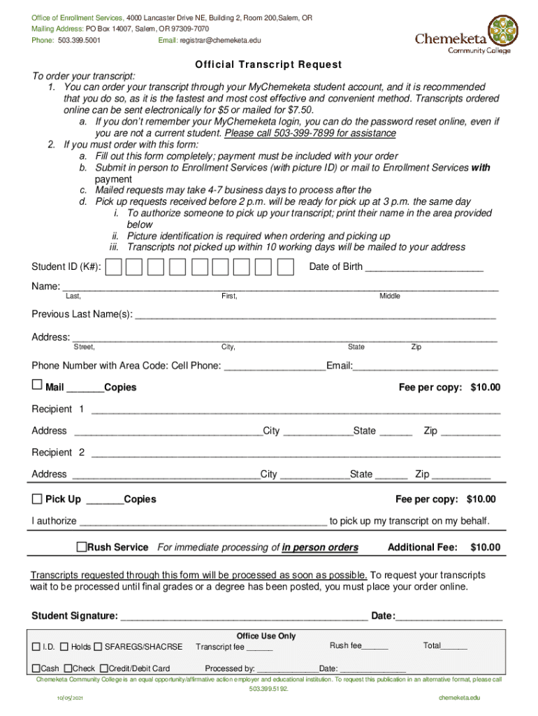 Official Transcript Request Chemeketa Community College  Form