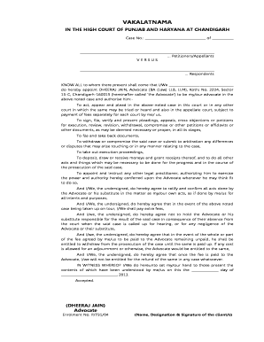Punjab and Haryana High Court Vakalatnama PDF  Form