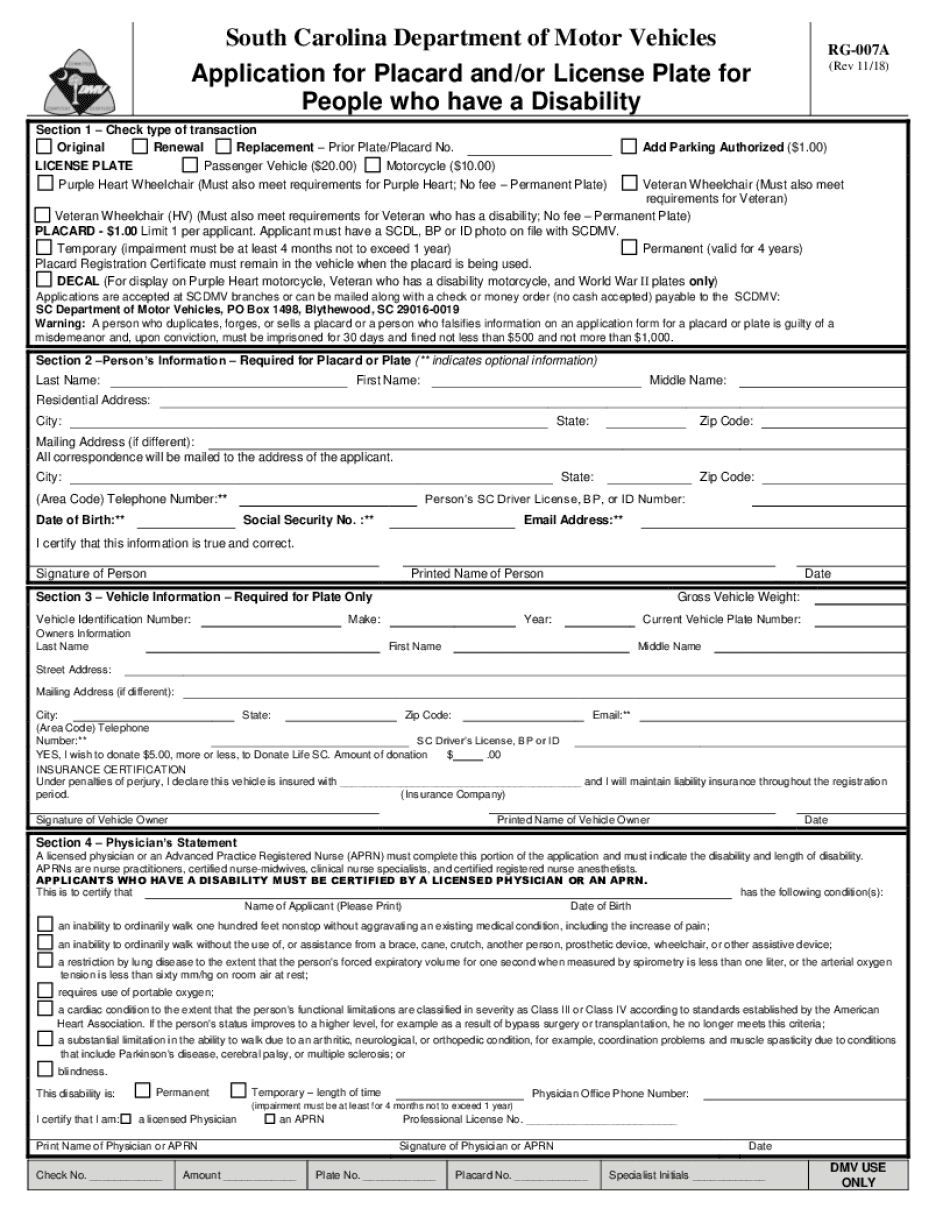  RG 007A Disabled Placard and License Plate Application 2018