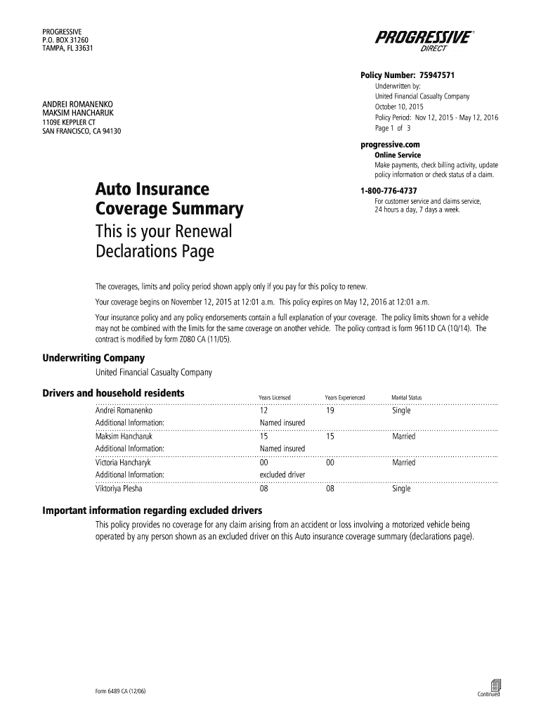 Insurance Declaration Page  Form