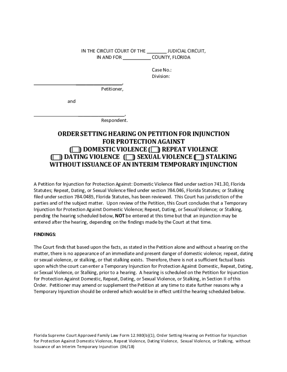  Order Setting Hearing on Petition for Injunction Florida Courts 2018-2024