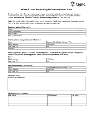  Whole Exome Sequencing Recommendation Form Cigna 2016-2024