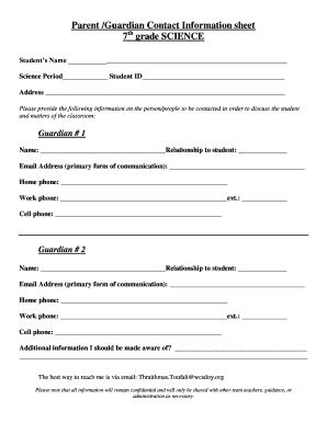 Printable Parent Information Sheet