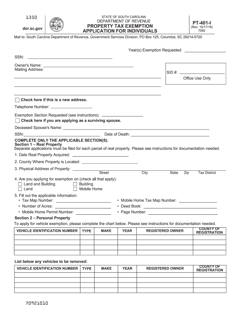  Property Tax Exemption for Individuals for South Carolina Pt 401 1 Fillable 2018-2024