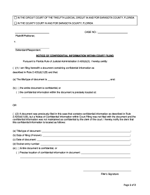 Notice of Confidential Information within Court Sarasota County Clerk