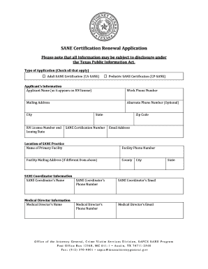SANE Certification Renewal Application Texas Attorney General  Form