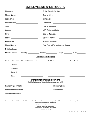 Employee Service Record Format in Excel