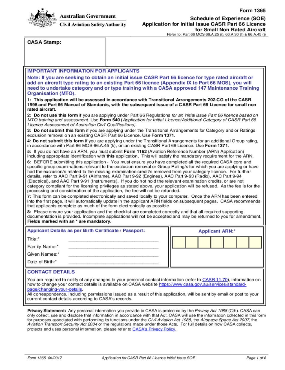  Form 1365 Application for CASR Part 66 Licence Initial Issue Schedule of Experience SOE 2017-2024