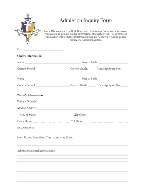 Admission Inquiry Form Trinity Lutheran School