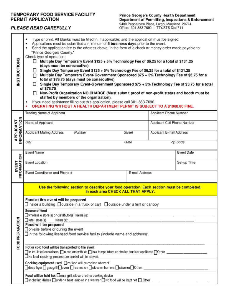 Temporary Food Service Facility Permit Application  Form