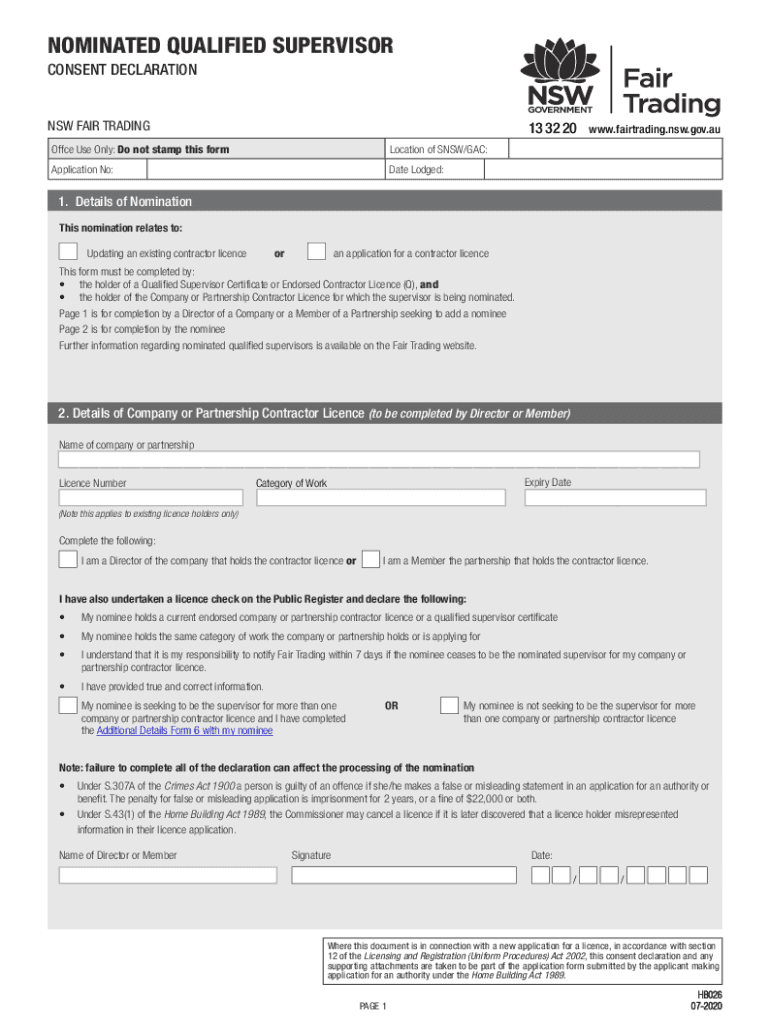 NOMINATED QUALIFIED SUPERVISOR CONSENT DECLARATION  Form