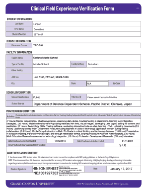 Clinical Field Experience Verification Form
