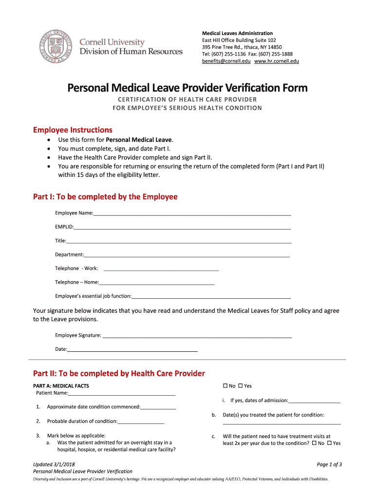  Personal Medical Leave Provider Verification Form 2018