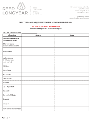 ESTATE PLANNING QUESTIONNAIRE UNMARRIED PERSON  Form