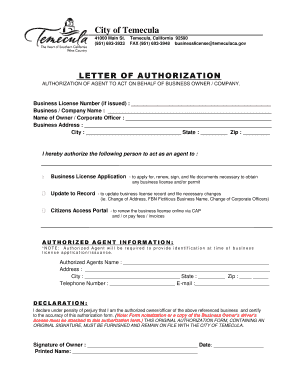 Agent Letter of Authorization City of Temecula  Form