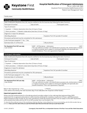 Hospital Notification of Emergent Admissions Providers Keystone First Community HealthChoices Hospital Notification of Emergent   Form