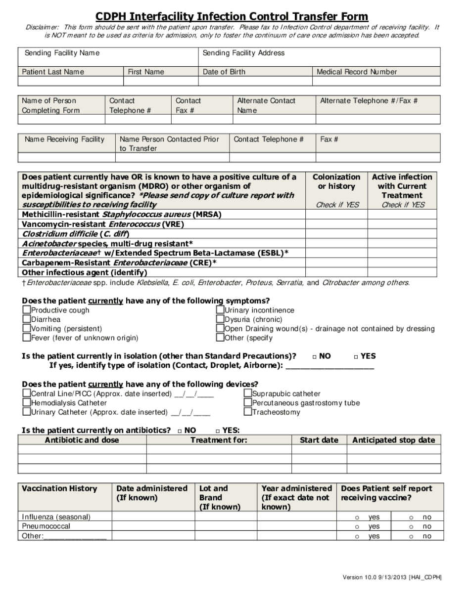 CDPH Interfacility Infection Control Transfer Form