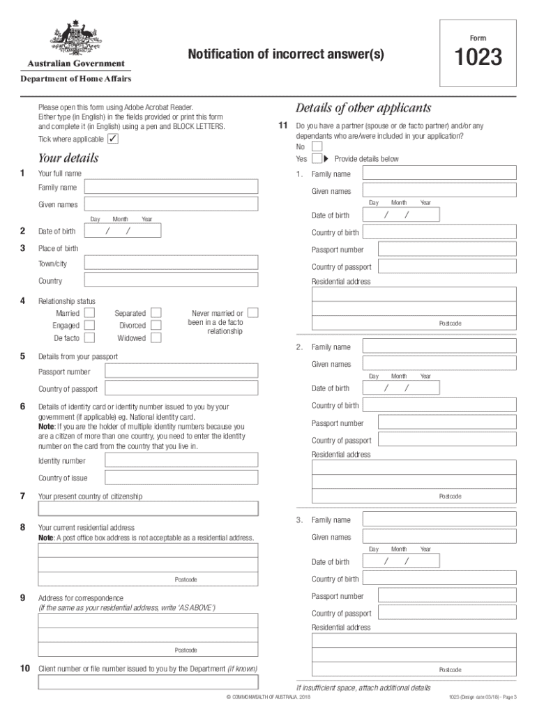 1023 Notification of Incorrect Answers  Form