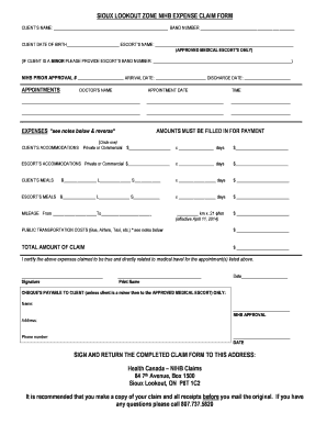 SIOUX LOOKOUT ZONE NIHB EXPENSE CLAIM FORM