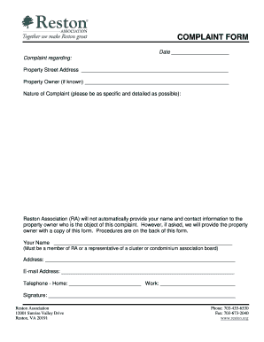 Complaint Form Reston Association