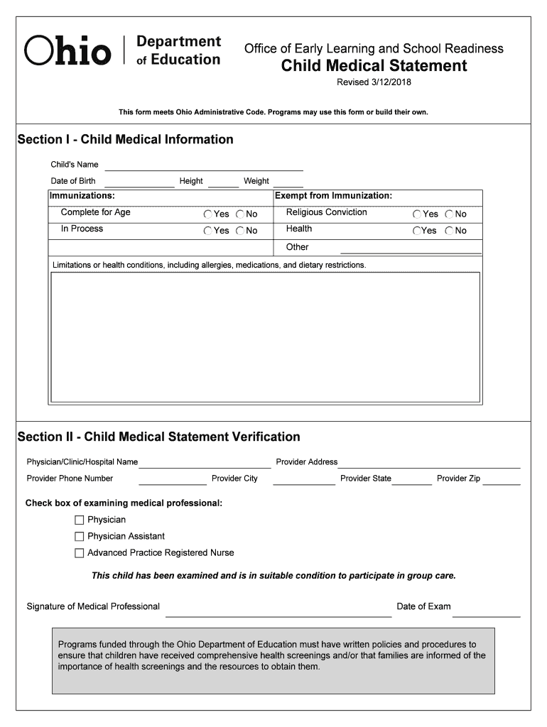 Ohio Child Medical Statement  Form