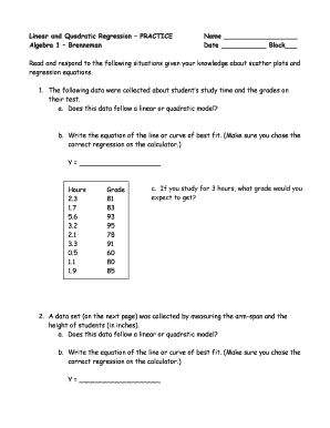 Linear and Quadratic Regression Practice Algebra 1 Brenneman Answers  Form