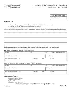 Dom of Information Appeal Form Public Officers Law Article 6