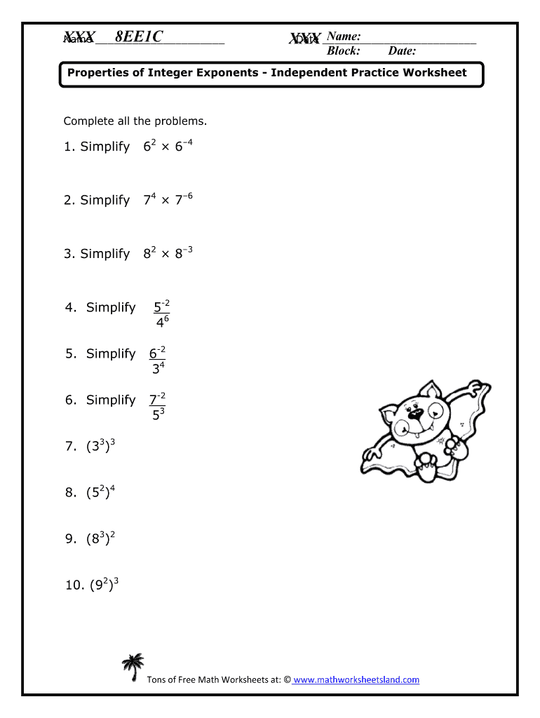 Properties of Integer Exponents Worksheet  Form