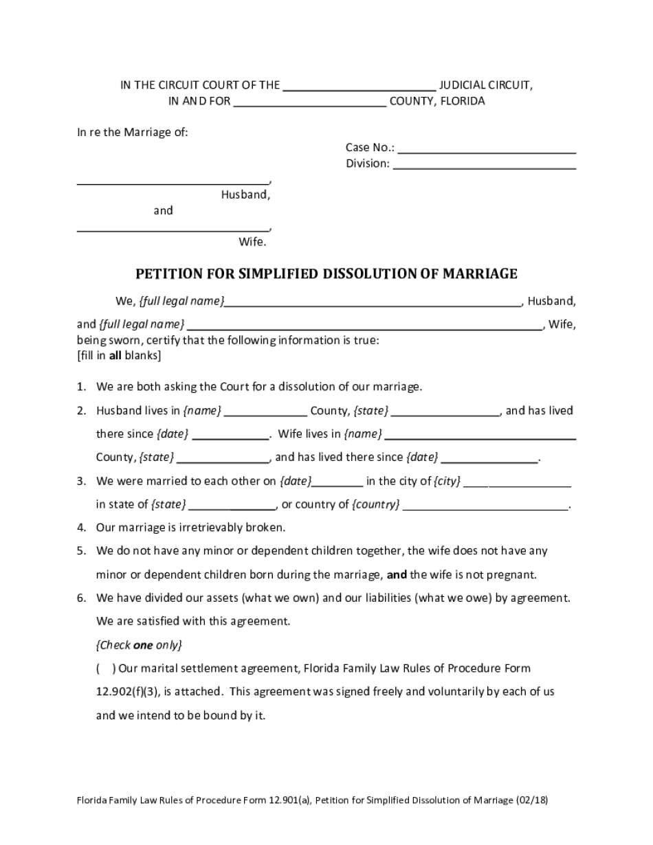  Petition for Simplified Dissolution of Marriage Florida Courts 2018-2024