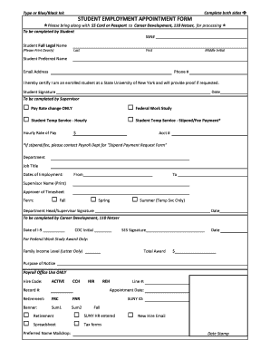  Student Employment Appointment Form SUNY Oneonta 2018-2024