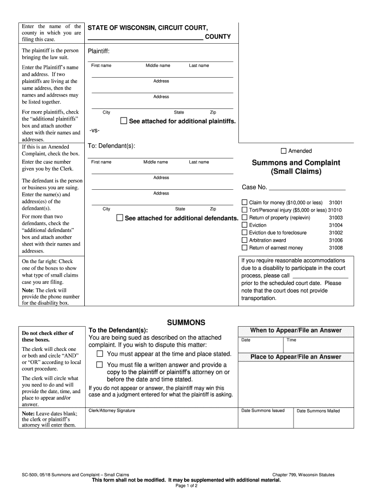  Small Claims Court Forms Wisconsin 2018