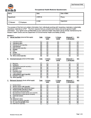  Occupational Health Medicine Questionnaire the Purpose of This Form 2018-2024