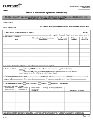 Travelers Waiver of Probate and Agreement of Indemnity  Form