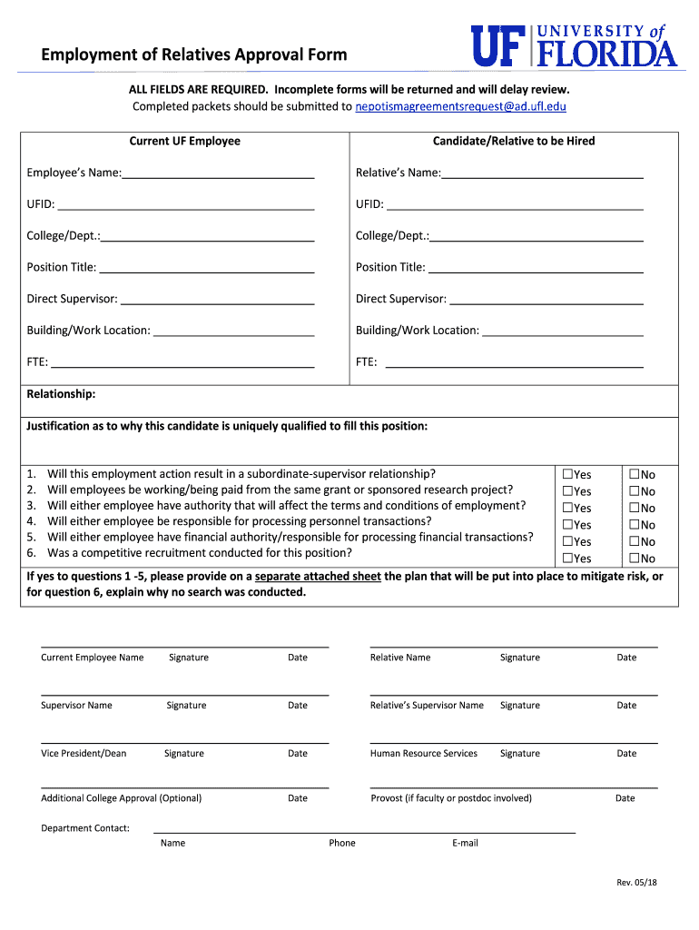 Employment of Relatives Approval Form UF Human Resources 2018-2024