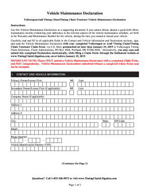 Vehicle Maintenance Declaration Volkswagen Timing Chain  Form