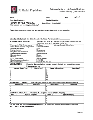 Orthopedic Surgery &amp; Sports Medicine Patient History Questionnaire  Form