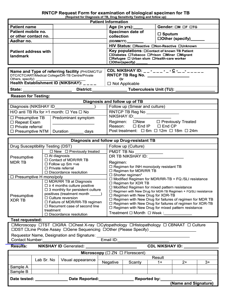 Rntcp Request Form for Examination of Biological Specimen for Tb