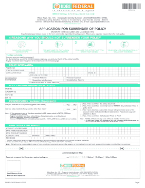 Application for Surrender of Policy IDBI Federal  Form