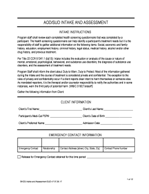 Aodsud Intake and Assessment Alameda County Behavioral Health  Form