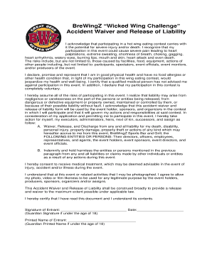BreWingZ Wicked Wing Challenge Accident Waiver and Release Form