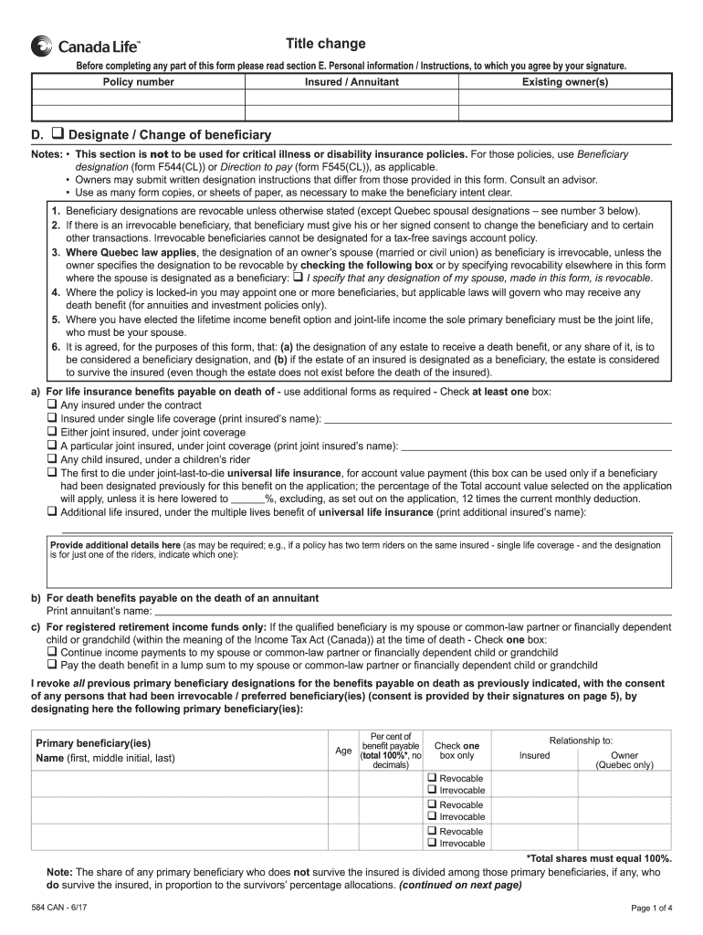  Canada Life Change Form 2017-2024