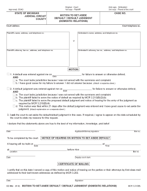 CC 99d, Motion to Set Aside Default Entry Default Judgment Domestic Relations  Form