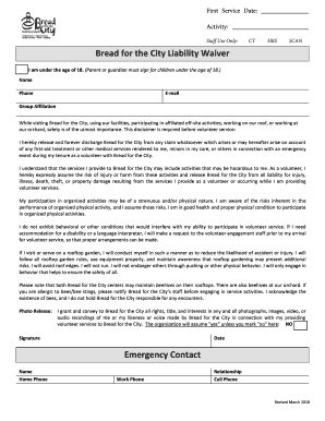 Bread for the City Liability Waiver Emergency Contact  Form