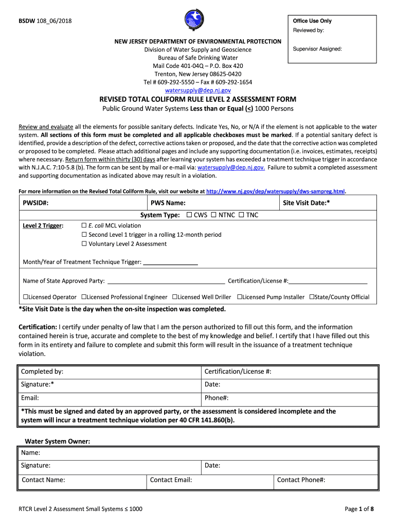  Revised Total Coliform Rule Level 2 Assessment Form State of 2018