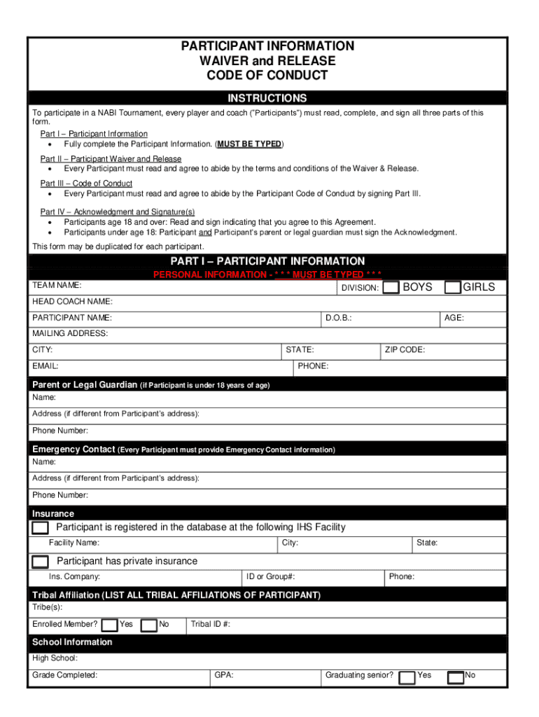  Participant Waiver &amp; Release Form NABI Foundation 2018