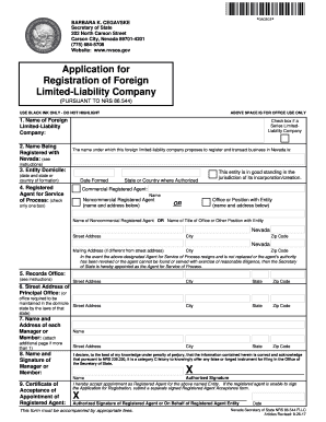 Application for Registration of Foreign Limited Liability Company Pursuant to NRS 86 544  Form